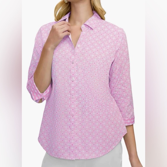 Margie Geo Lattice Three-Quarter Sleeve Button-Up Shirt Pink/White XS